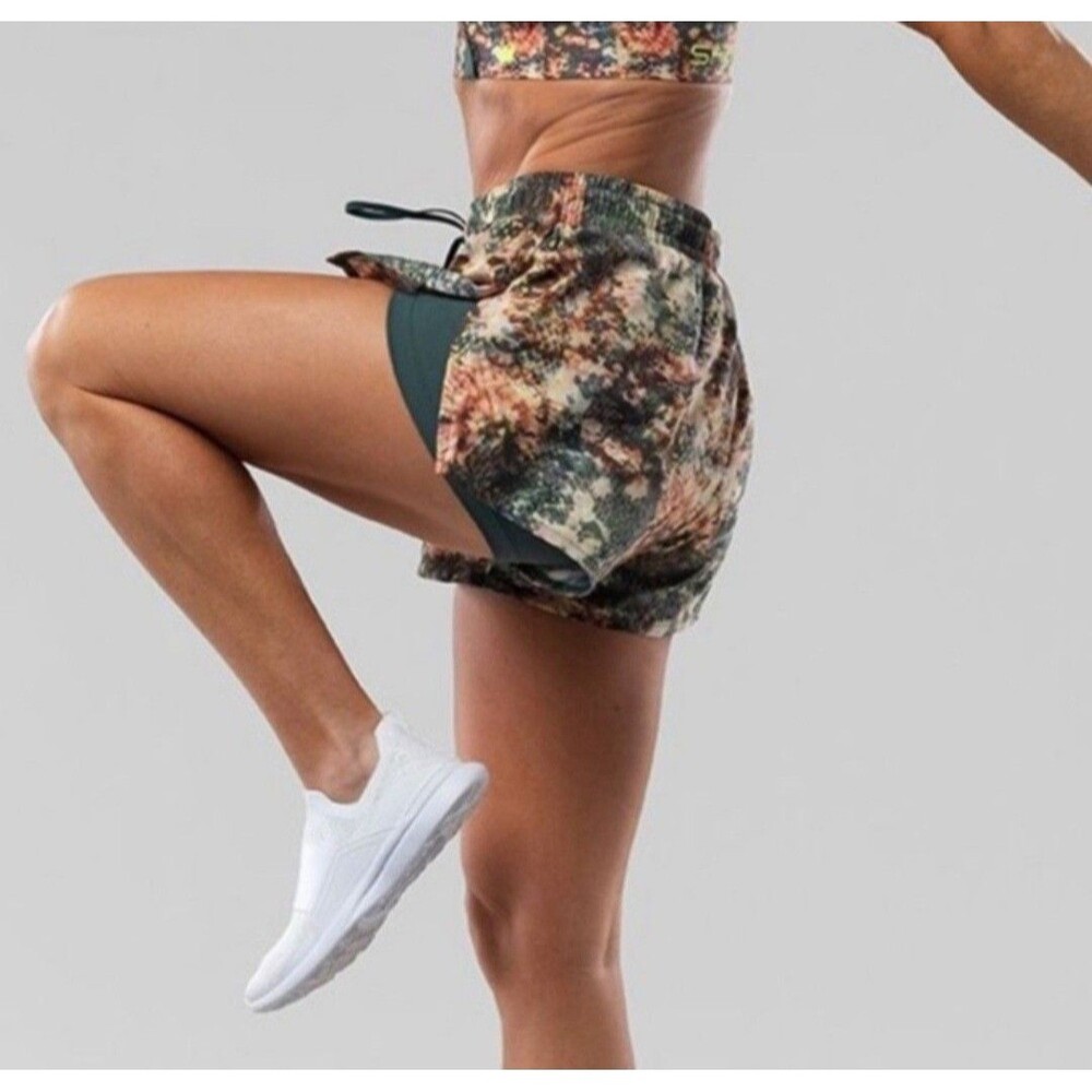 Shefit, 2 in 1 Performance Short, Running Shorts, Green Snakeskin Print, X-Small